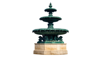 Ornate, tiered, bronze fountain on a stone base, set against a solid black backdrop