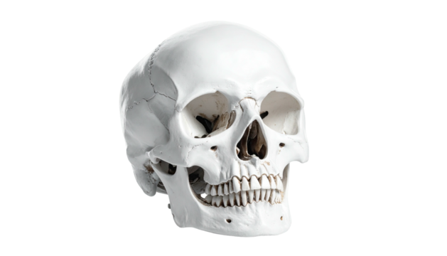 Isolated anatomical model of a human skull, white, detailed, and facing forward