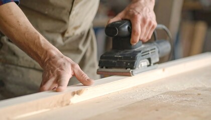 A craftsperson uses a power sander to smooth a piece of wood