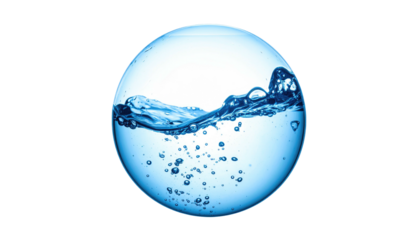 A sphere of blue water with splashing wave, bubbles, and dark background