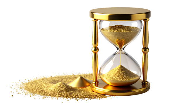 Golden Hourglass with Sparkling Sand on Black Background - Symbolizing Time, Wealth, and Precious Moments. Elegant 3D Render for Business, Finance, and Luxury Concepts.