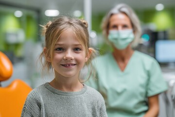Young girl smiles in dental office while a dentist prepares for an appointment in a bright and welcoming environment
