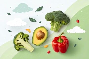 Colorful arrangement of fresh vegetables including broccoli, avocado, and red pepper on a green background