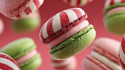 Colorful macarons floating in mid-air with festive stripes and pastel shades during a celebration event in a vibrant setting