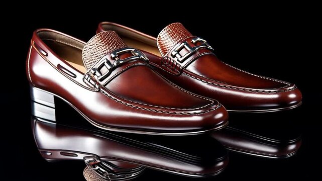 Elegant and classic men's formal footwear in polished burgundy leather, featuring a textured detail and metal buckle, reflected on a glossy black floor.