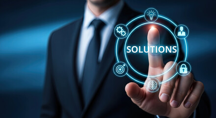 Business Solutions Concept: Businessman Touching a Digital Interface with Icons Representing Strategy, Innovation, and Problem-Solving for Success