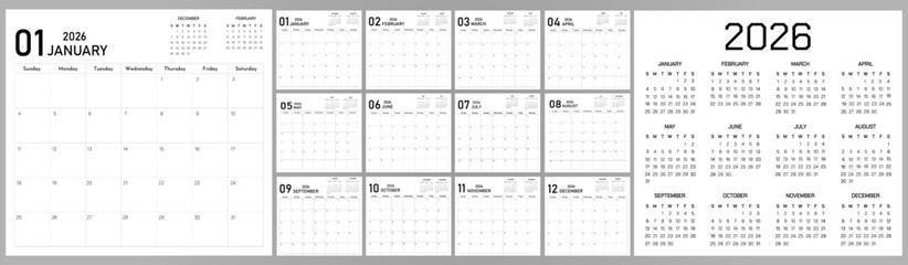 2026 Calendar Planner | Template of Monthly Page, Annual | Vector layout for wall, desk calendar with week starts on Sunday | Modern calendar with previous and next month info. & black fonts