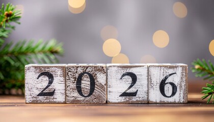 Rustic wooden blocks displaying the year 2026 with festive blurred bokeh lights and green fir tree branches creating a cozy christmas or new year s eve celebration atmosphere