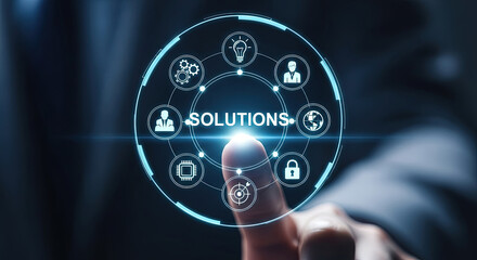 Innovative Business Solutions Concept: Finger Touching Digital Interface with Icons for Strategy, Technology, and Global Network Solutions.