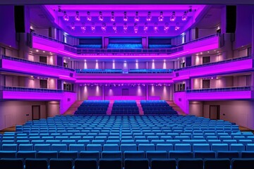 Grand theater interior, lit with vibrant purple and blue