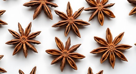 Star Anise Spice Pattern - Aromatic Culinary Ingredient on White Background.