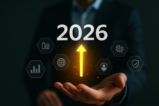 Visionary growth for 2026 – businessman presenting upward arrow with futuristic icons for analytics, security, and global innovation