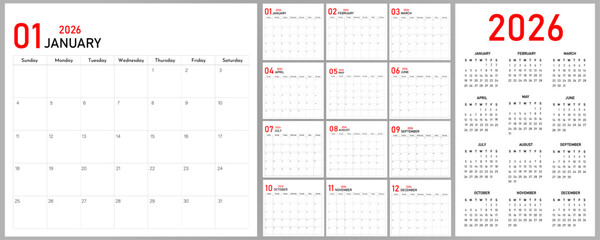 2026 Calendar Planner | Vector annual or monthly page layout for wall, desk calendar with week starts on Sunday | Modern calendar with red & black font colour
