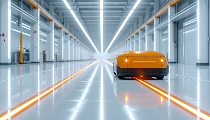 Autonomous vehicle in a modern industrial setting with bright lighting.