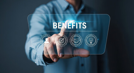 Employee Benefits Concept: Man Touching Virtual Screen Displaying Perks, Compensation, Healthcare, and Career Growth Opportunities for Staff