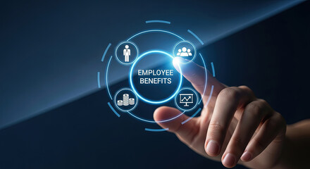 Employee Benefits Concept: Hand Touching Digital Interface with Icons for Health, Retirement, and Financial Security. Modern Business Technology.