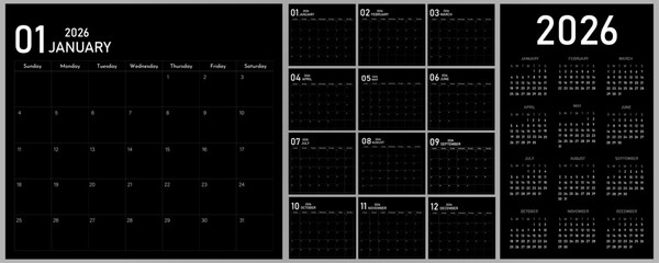 2026 Calendar Planner | Template of Monthly Page, Annual | Vector layout for wall, desk calendar with week starts on Sunday | Modern calendar with white font colour
