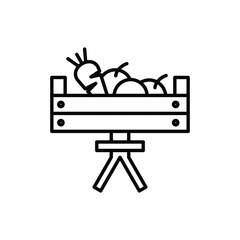 Line art of a produce crate atop a simple stand Contains produce carrots apples