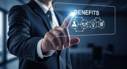 Employee Benefits Concept: Businessman Touching Virtual Screen with Icons. Health, Insurance, Retirement, and Financial Planning for Workforce Well-being.