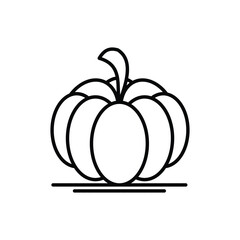 Line art of a pumpkin with a stem set on a base line