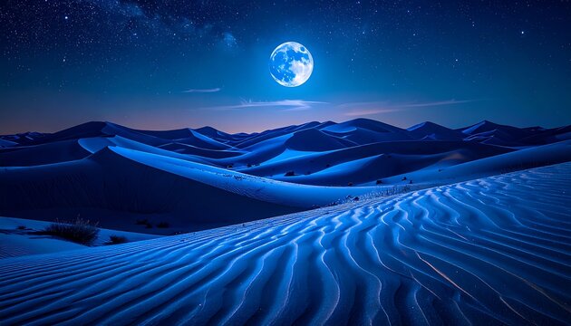 Desert dunes at night under moon