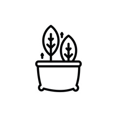 Line drawing of a potted plant with two leaves  small growth sprouts on either side The pot has rounded feet