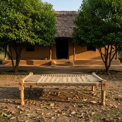 Rural Indian Village Scene - Traditional Bed and Thatched House.