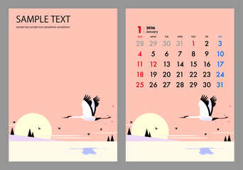 季節を感じる表紙イラストとカレンダー,鶴と夜明け