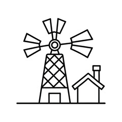 Outline image of a windmill with a crisscross pattern on its tower next to a small house with a chimney