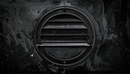 A monochrome, close-up shot of a circular vent with horizontal slats set in a weathered, textured surface. The black and white image highlights the industrial design