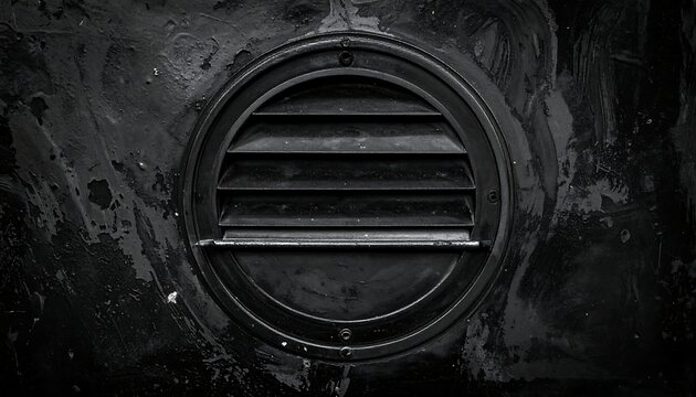 A monochrome, close-up shot of a circular vent with horizontal slats set in a weathered, textured surface. The black and white image highlights the industrial design