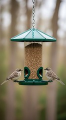 Sparrows Enjoying a Meal at a Hanging Bird Feeder.