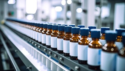 Pharmaceutical Production Line Rows of Medicine Bottles on Conveyor Belt in Factory.