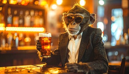 A primate, dressed in a suit and sunglasses, raises a pint of beer in a dimly lit bar. The background includes bottle shelves