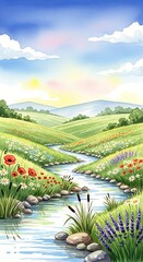Watercolor Landscape Painting of a Serene River Valley with Wildflowers.
