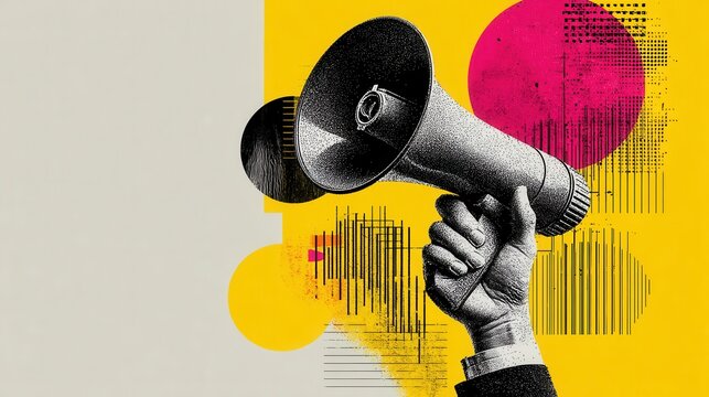 Hand holding megaphone abstract collage art,