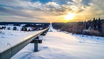 A long, elevated pipeline stretches across a snowy landscape toward a sunset, framed by a forested horizon