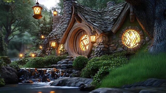 Enchanting hobbit-style home illuminated by warm lanterns, tucked away in a mystical woodland setting beside a tranquil creek at dusk.