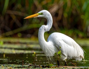 Obraz premium A stunning close-up captures the grace of a white heron in its natural habitat, amidst water and vibrant greenery