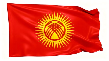 Photorealistic flag of Kyrgyzstan, featuring a red field with a yellow sun in the center. The sun is a stylized depiction of a yurt (traditional Kyrgyz dwelling) with 40 rays extending outward.