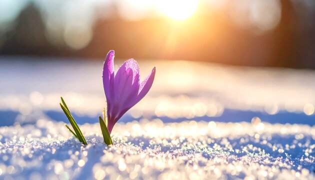 A vibrant purple crocus blooms amidst snowy landscape, bathed in sunlight