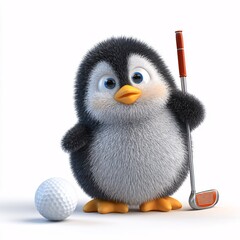 Cute Cartoon Penguin Playing Golf with a Club and Ball on White Background