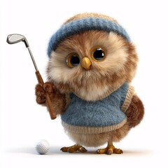 Cute 3D Cartoon Owl Playing Golf on a White Background