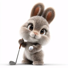 Cute 3D Cartoon Rabbit Playing Golf on White Background