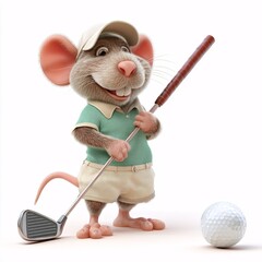 Cute Cartoon Rat Playing Golf with a Club on White Background