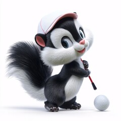 Cartoon Skunk Playing Golf on White Background in 3D Style