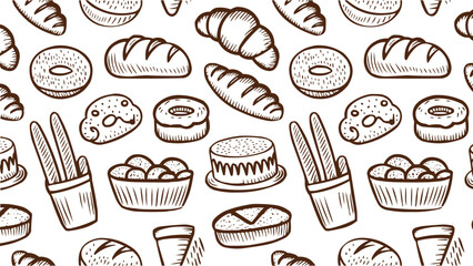 Hand drawn bakery pattern with bread croissant donut and pastry illustration on white background