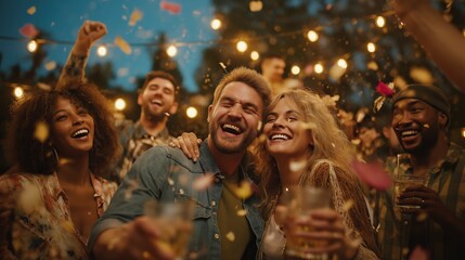 Obraz premium A joyful gathering of friends celebrating with drinks, laughter, and confetti under warm string lights in an outdoor setting.