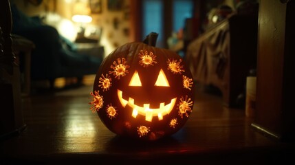 glowing jack o lantern with viruses