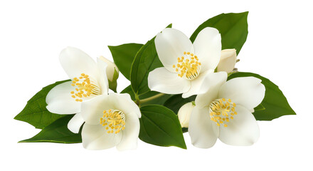 Obraz premium Elegant White Jasmine Flowers With Green Leaves On Black Background